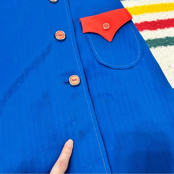 Vintage 60s/70s blue and red mini dress double breasted buttons with collar - Picture 8 of 11
